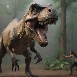 Render a gripping instant inside the T-Rex paddock, where the T-Rex menacingly devours a hapless goat, amplifying the awe and fear associated with the real-life predator