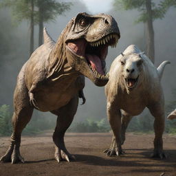 Render a gripping instant inside the T-Rex paddock, where the T-Rex menacingly devours a hapless goat, amplifying the awe and fear associated with the real-life predator