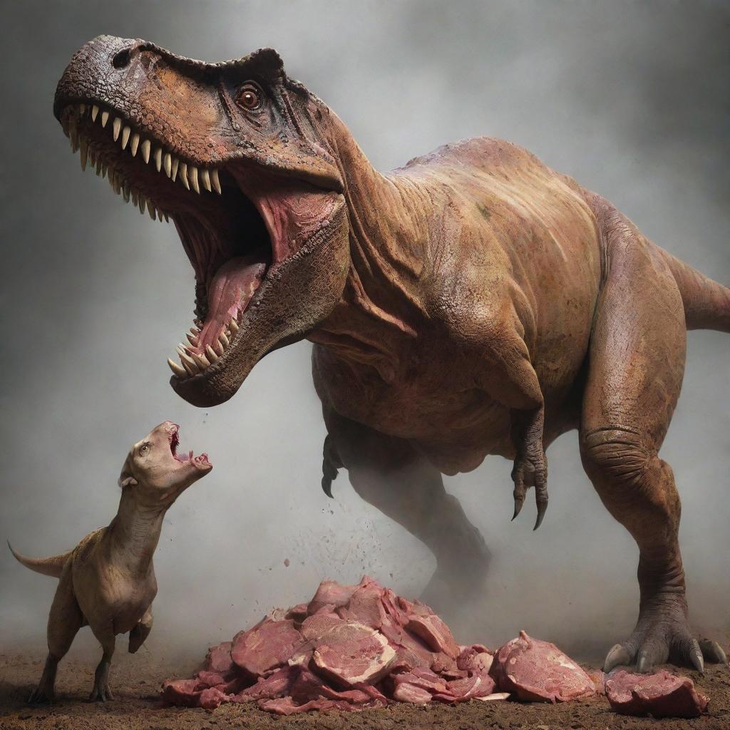 Draw a chilling scene of a T-Rex devouring goat meat, its raw power and predatory instincts on display, inciting a visceral sense of primal fear