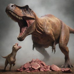 Draw a chilling scene of a T-Rex devouring goat meat, its raw power and predatory instincts on display, inciting a visceral sense of primal fear