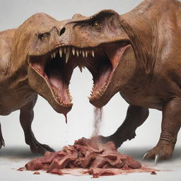 Draw a chilling scene of a T-Rex devouring goat meat, its raw power and predatory instincts on display, inciting a visceral sense of primal fear