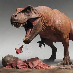 Draw a chilling scene of a T-Rex devouring goat meat, its raw power and predatory instincts on display, inciting a visceral sense of primal fear