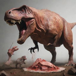 Draw a chilling scene of a T-Rex devouring goat meat, its raw power and predatory instincts on display, inciting a visceral sense of primal fear