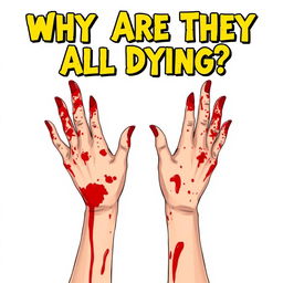 A pair of animated girl hands, vividly illustrated and covered in blood splatters, creating a dramatic and unsettling visual effect
