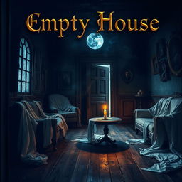 A captivating fantasy novel cover for 'Empty House' featuring a dark, mysterious room illuminated by moonlight filtering through dusty, cracked windows