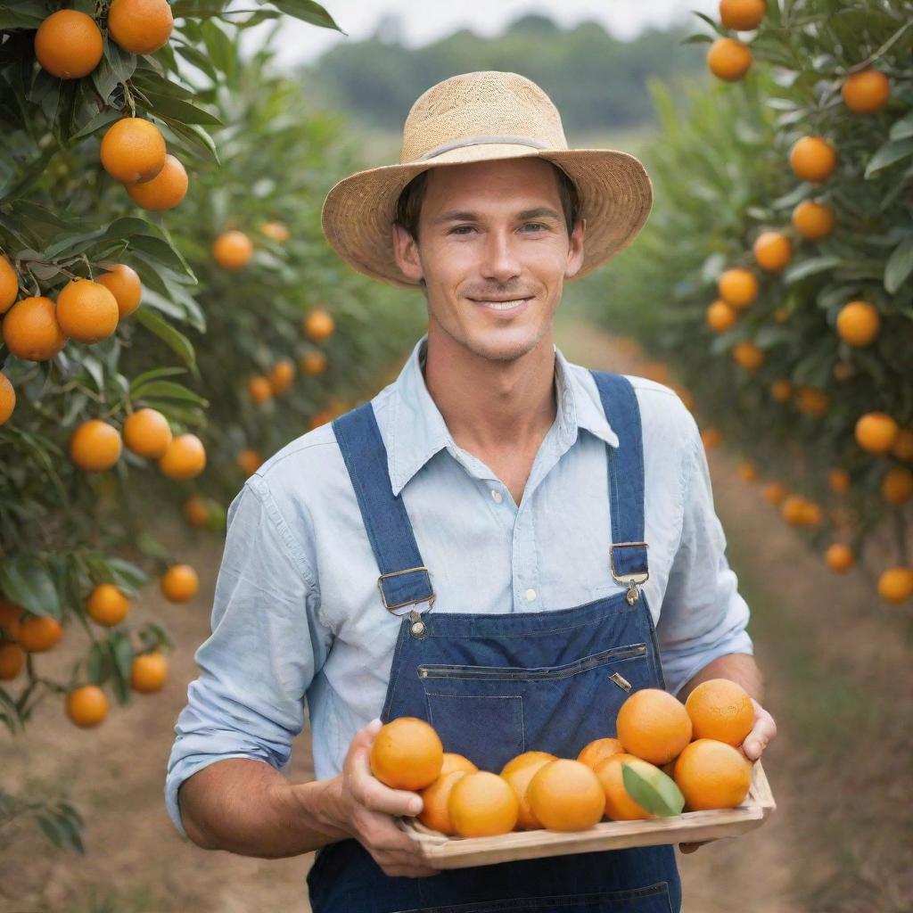 Create a charming image of a handsome young orange farmer during harvest time