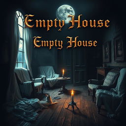 A captivating fantasy novel cover for 'Empty House' featuring a dark, mysterious room illuminated by moonlight filtering through dusty, cracked windows
