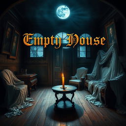 A captivating fantasy novel cover for 'Empty House' featuring a dark, mysterious room illuminated by moonlight filtering through dusty, cracked windows