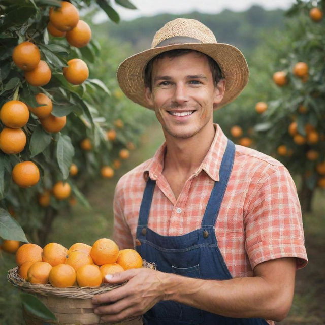 Create a charming image of a handsome young orange farmer during harvest time