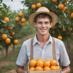 Create a charming image of a handsome young orange farmer during harvest time