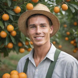 Create a charming image of a handsome young orange farmer during harvest time