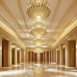 A longitudinal perspective of a luxurious reception hall, with grand chandeliers, marble floors, and elegant furnishings.