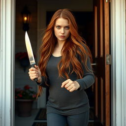 A young ginger woman, with long flowing hair, stepping out of a house door