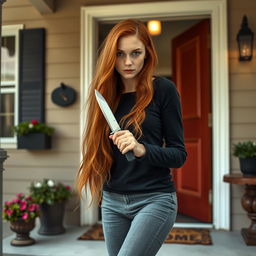 A young ginger woman, with long flowing hair, stepping out of a house door