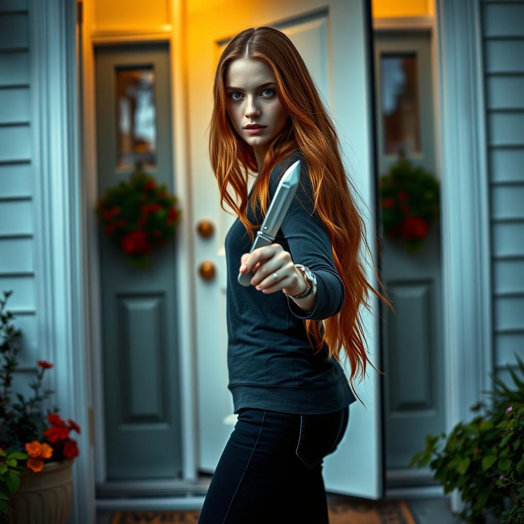 A young ginger woman, with long flowing hair, stepping out of a house door