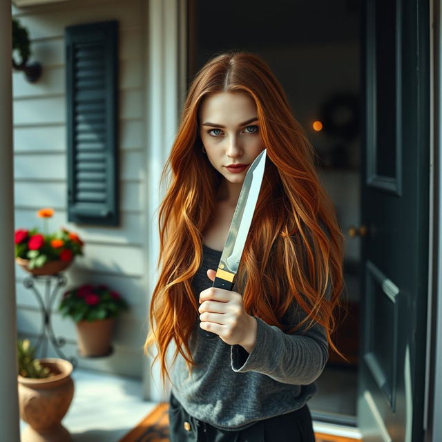 A young ginger woman, with long flowing hair, stepping out of a house door