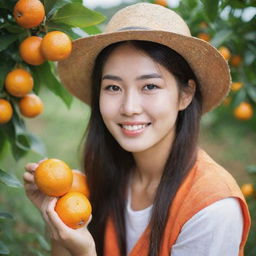 Generate an image of a stunningly beautiful young orange farmer with Korean features, gathering oranges