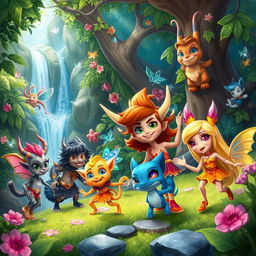 A vibrant, energetic scene from a fantasy world where mythical beings and magical creatures interact in a lush, enchanted forest