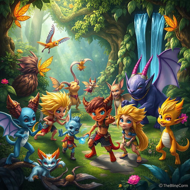 A vibrant, energetic scene from a fantasy world where mythical beings and magical creatures interact in a lush, enchanted forest