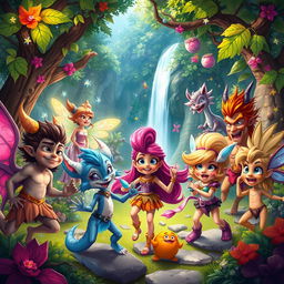 A vibrant, energetic scene from a fantasy world where mythical beings and magical creatures interact in a lush, enchanted forest