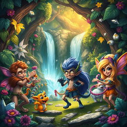 A vibrant, energetic scene from a fantasy world where mythical beings and magical creatures interact in a lush, enchanted forest