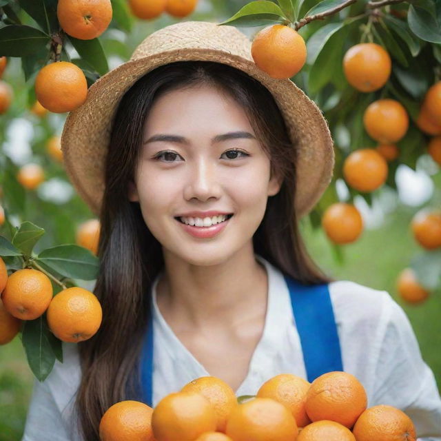 Generate an image of a stunningly beautiful young orange farmer with Korean features, gathering oranges