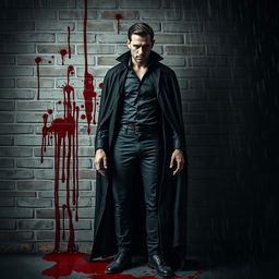 A tall, vampire-like man with sharp features and pale skin, dressed in a tattered black cape, stands confidently against a weathered brick wall
