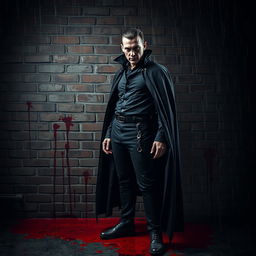 A tall, vampire-like man with sharp features and pale skin, dressed in a tattered black cape, stands confidently against a weathered brick wall