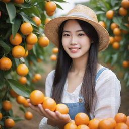 Generate an image of a stunningly beautiful young orange farmer with Korean features, gathering oranges