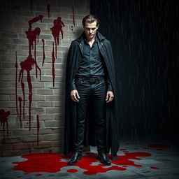 A tall, vampire-like man with sharp features and pale skin, dressed in a tattered black cape, stands confidently against a weathered brick wall