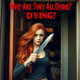 A young ginger woman, with long, flowing red hair, confidently stepping out of a house door while holding a shiny knife in her hand