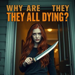 A young ginger woman, with long, flowing red hair, confidently stepping out of a house door while holding a shiny knife in her hand