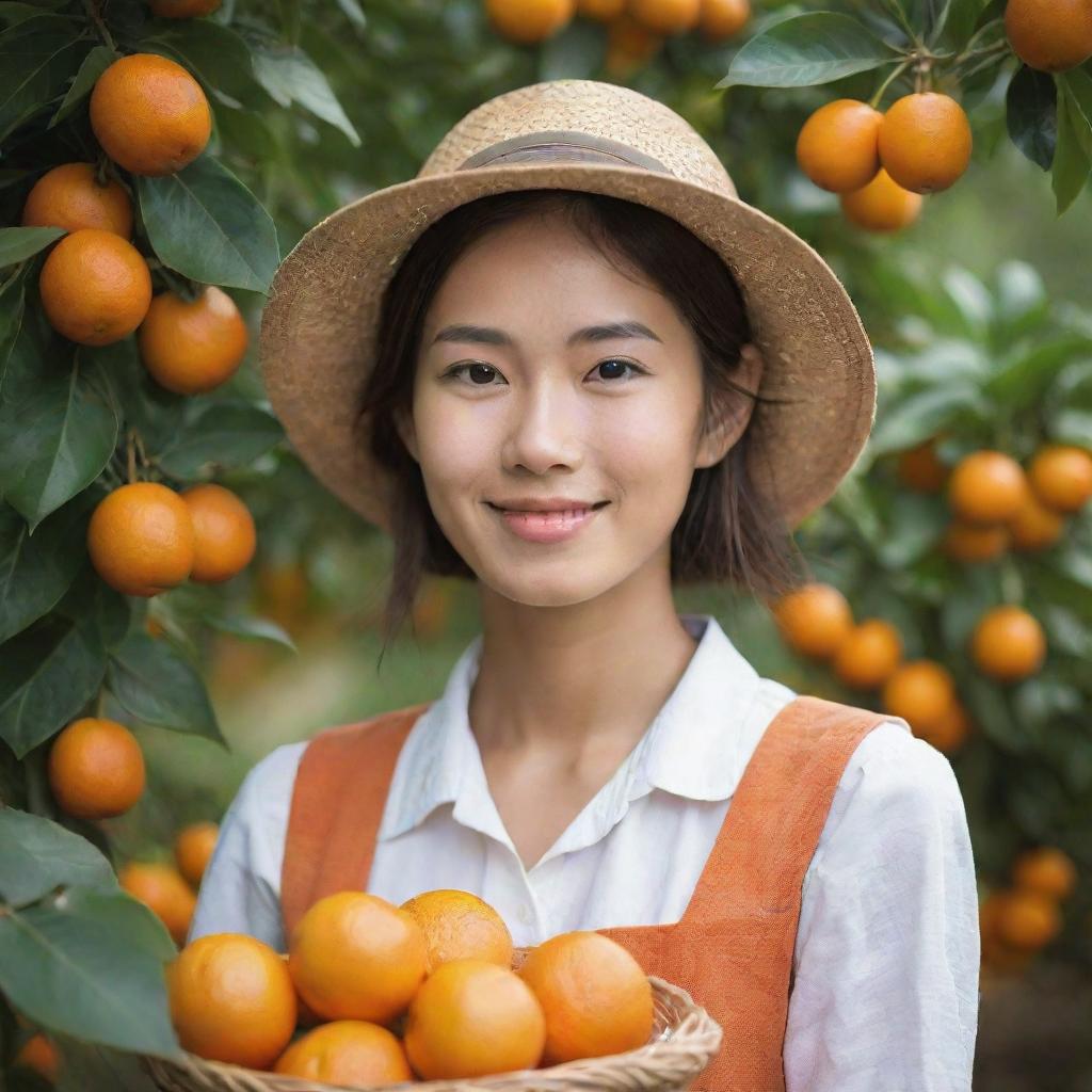 Create a picturesque image of a strikingly beautiful young orange farmer with Japanese features during harvest