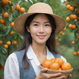 Create a picturesque image of a strikingly beautiful young orange farmer with Japanese features during harvest