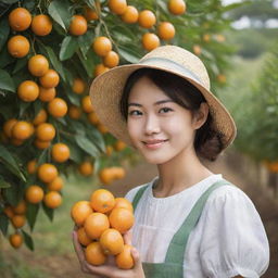 Create a picturesque image of a strikingly beautiful young orange farmer with Japanese features during harvest