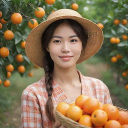 Create a picturesque image of a strikingly beautiful young orange farmer with Japanese features during harvest