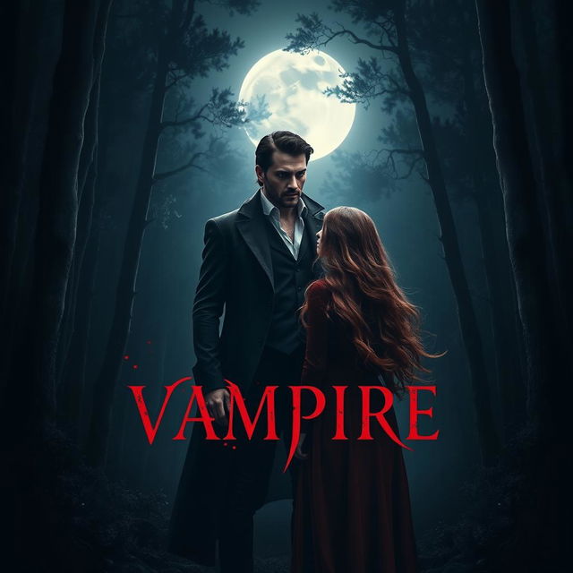 A captivating book cover featuring a handsome mystic vampire man standing in a dark forest at night