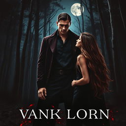 A captivating book cover featuring a handsome mystic vampire man standing in a dark forest at night