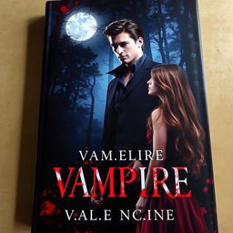 A captivating book cover featuring a handsome mystic vampire man standing in a dark forest at night