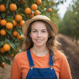 Generate a vivid image showcasing a remarkably beautiful young American orange farmer at harvest time