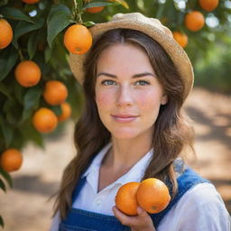 Generate a vivid image showcasing a remarkably beautiful young American orange farmer at harvest time