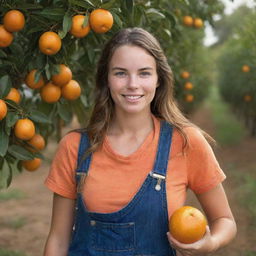 Generate a vivid image showcasing a remarkably beautiful young American orange farmer at harvest time