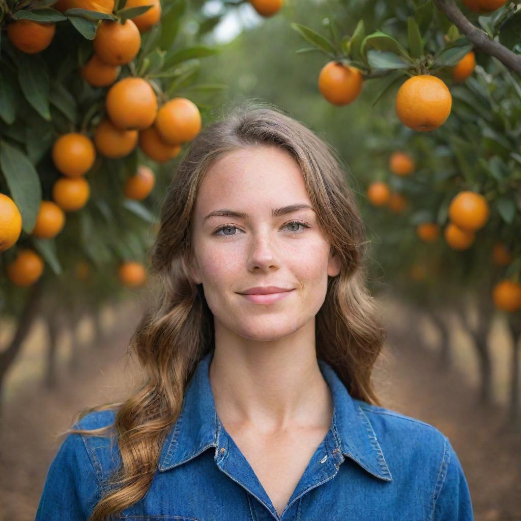 Generate a vivid image showcasing a remarkably beautiful young American orange farmer at harvest time