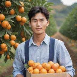 Generate a striking image of a handsome young Korean orange farmer during the harvesting process