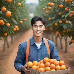 Generate a striking image of a handsome young Korean orange farmer during the harvesting process