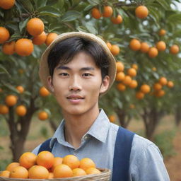 Generate a striking image of a handsome young Korean orange farmer during the harvesting process