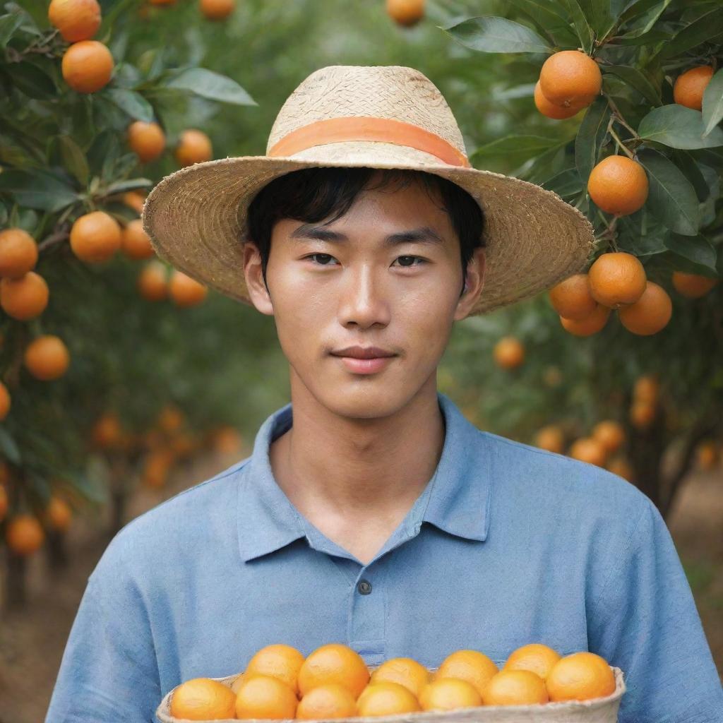 Generate a striking image of a handsome young Korean orange farmer during the harvesting process