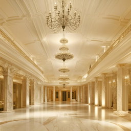 A longitudinal perspective of a luxurious reception hall, with grand chandeliers, marble floors, and elegant furnishings.