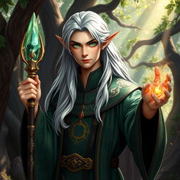 A young male high elf wizard with long flowing silver hair, piercing emerald green eyes, and a well-defined, elegant face