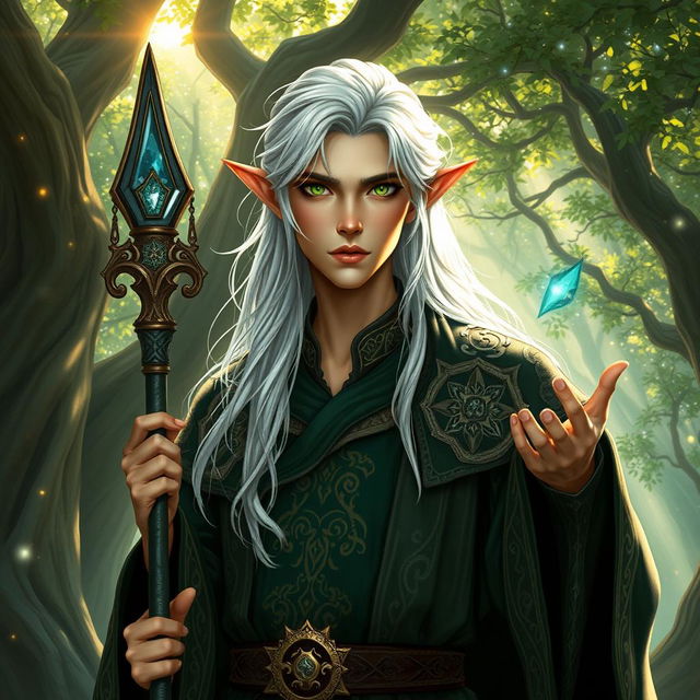 A young male high elf wizard with long flowing silver hair, piercing emerald green eyes, and a well-defined, elegant face